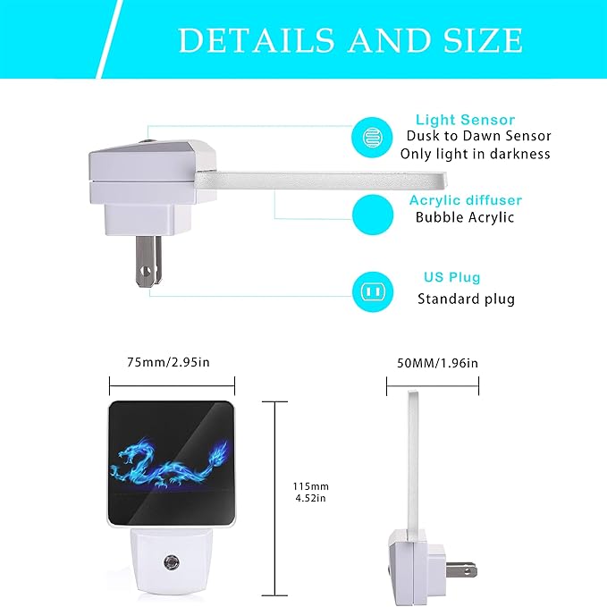 Blue Dragon Night Light,Plug in Night Lights 0.5W Sleep Friendly for Boys Girls Led Night Light Dusk to Dawn Sensor Nightlight for Stairway/Hallway/Bedroom