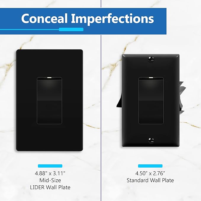 LIDER Matte Finish Decorator Switch Cover, Screwless Wall Plate, Mid-Size 1-Gang 4.88" x 3.11", Unbreakable Polycarbonate Thermoplastic, UL Listed, LSWP-31M-BK2P, Black, 2 Pack