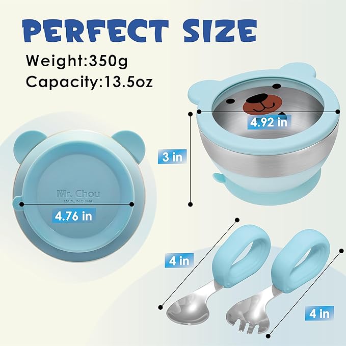 MR. CHOU Suction Baby Bowl Set with Spoon & Fork, Double-Wall 18/8 Stainless Steel Toddler Bowls with BPA Free Airtight Lids, Food Grade Infant Self-Feeding Bowl, First Stage Led Weaning Supplies Blue