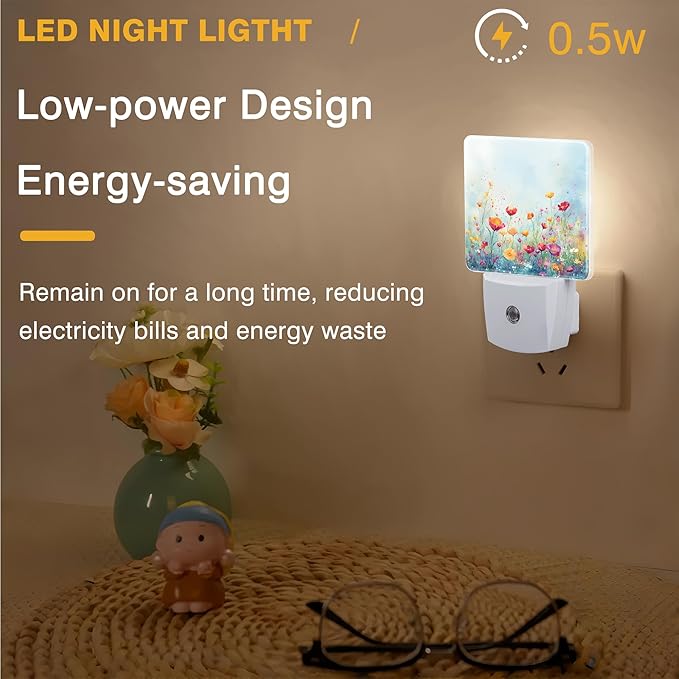 Night Light Watercolor Wildflower Field Night Lights Plug into Wall Smart Dusk to Dawn Sensor 0.5W Energy Efficient Led Lamp for Men Women Bedroom Bathroom Hallway Stairway Decor