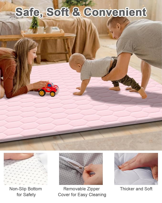Premium Foam Baby Play Mat 71" x 59" with Removable Cover, Extra Thick Padding Playpen Mat, Non-Slip Floor Mat, Stylish & Easy to Clean for Crawling Baby, Infants & Toddlers, Pink