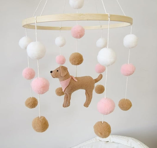 Baby Crib Mobile for Girls Boys Dog Theme Baby Mobile for Crib Mobile for Bassinet with Felt Ball, Pink