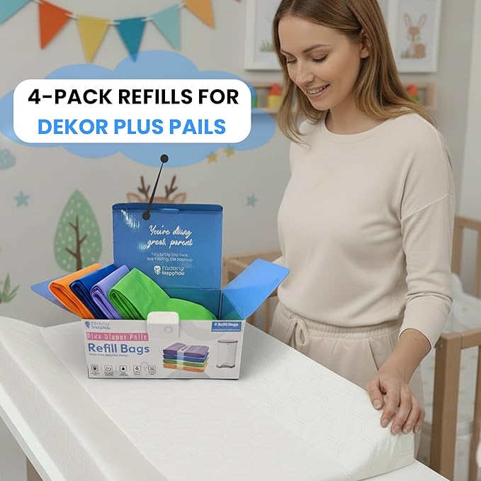 Factory Happyou® Pack of 4 Refills Compatible with Dekor Plus Diaper Pail Refills & Dekor Diaper Pail Refill Bags, 394 in Long, 30% Thicker, Advanced Odor Control. Each Roll holds up to 600 Diapers