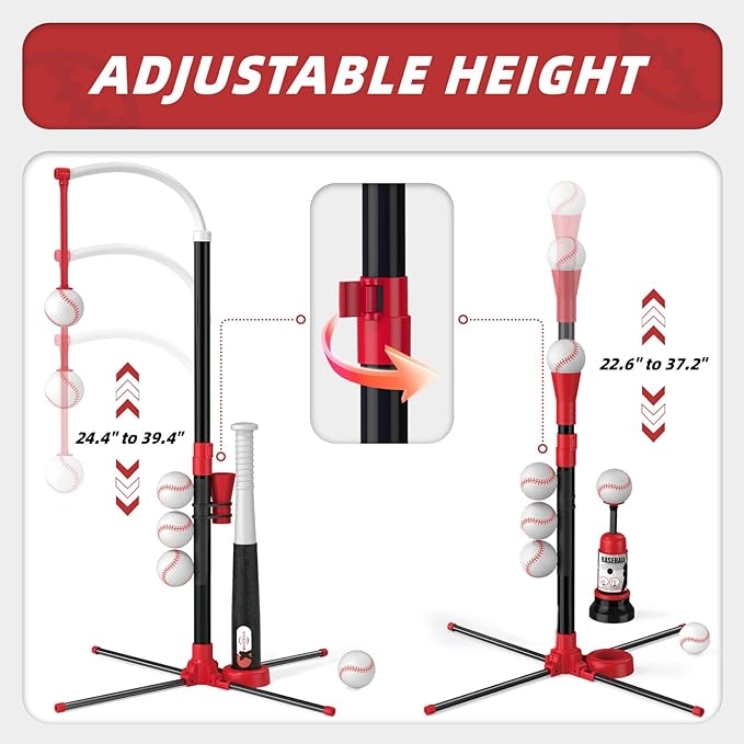 3-in-1 T Ball Set - Adjustable Height, Hanging Tee Ball Set with Automatic Pitching Machine/6 Balls/Retractable Bat, TBall Stand Suit for Outdoor, Sport Toys Gifts for Kids Boys Age 3+