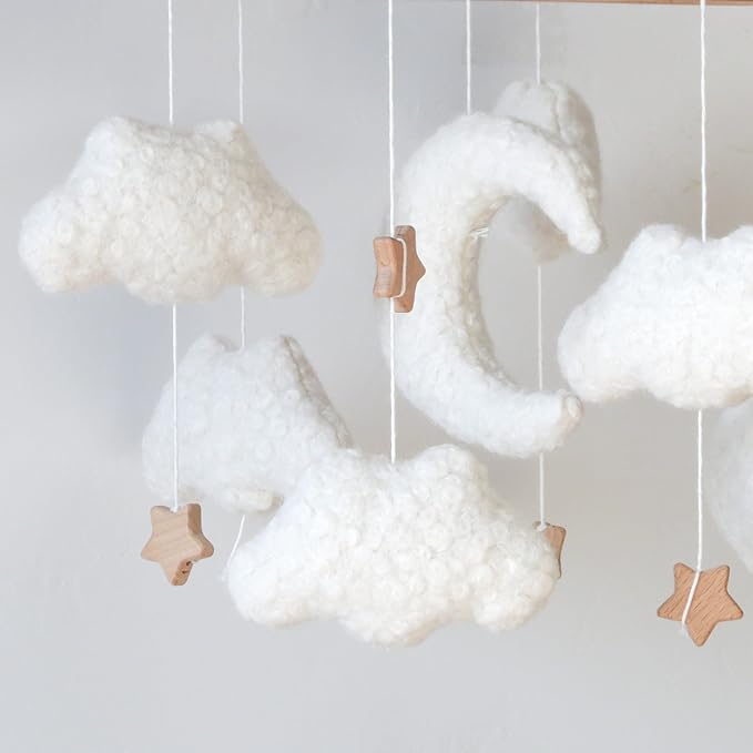 Cloud Mobile for Crib Neutral Baby Mobile for Crib Bassinet Boucle Cloud Baby Crib Mobile for Girls Boys Boho Nursery Mobiles with Wooden Stars