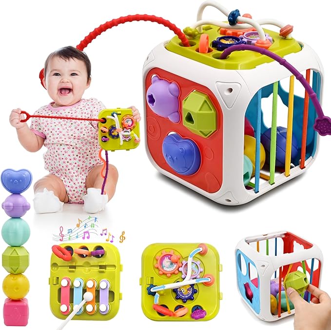 AiTuiTui Multifunction Baby Sensory Montessori Activity Cube Toys, Shape Sorter Early Learning Educational Interactive Toys for Infant Toddlers Boy Girl, Birthday Gifts Christmas Stocking Stuffers