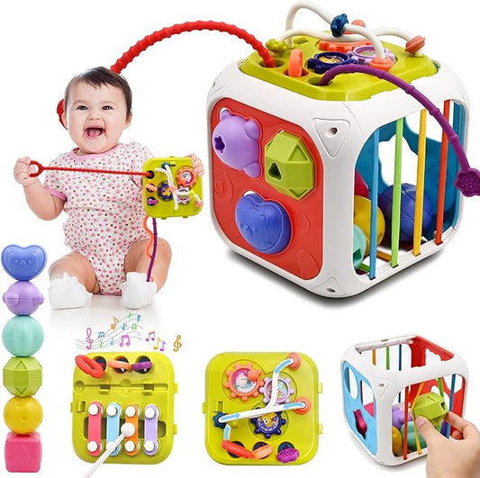 AiTuiTui Multifunction Baby Sensory Montessori Activity Cube Toys, Shape Sorter Early Learning Educational Interactive Toys for Infant Toddlers Boy Girl, Birthday Gifts Christmas Stocking Stuffers