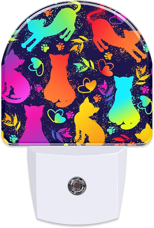 Colorful Cat Silhouettes Night Light, Cute Kittens Hearts and Paw Prints Dusk to Dawn Night Light Plug in,0.5w Energy Saving Sleep Friendly NightLight for Kids Boys Girls Home Decor