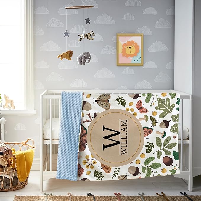 Personalized Baby Blanket, Customized Newborn Blankets with Name, Soft Receiving Blanket for Boy Girl, Green Mushroom Double Layer Dotted Swaddle, Nursery Toddler (30"x40")