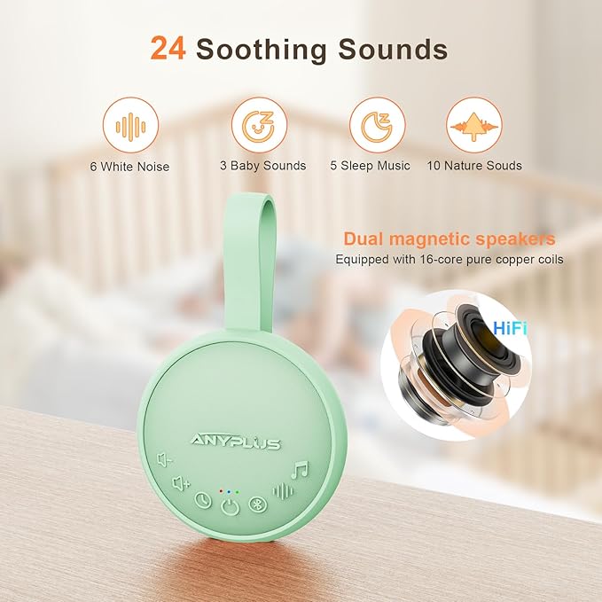 White Noise Sound Machine for Sleeping Adults & Baby, Portable Noise Machine with 24 Soothing Sounds, Bluetooth 5.1, Battery Powered, 3 Timer Settings, Memory Function for Home, Office, Travel(Green)