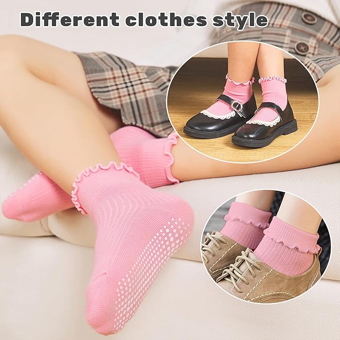 6 Pairs Toddler Ruffle Socks for Girls Baby Grip Socks Non Slip Socks Cute Grippy Frilly