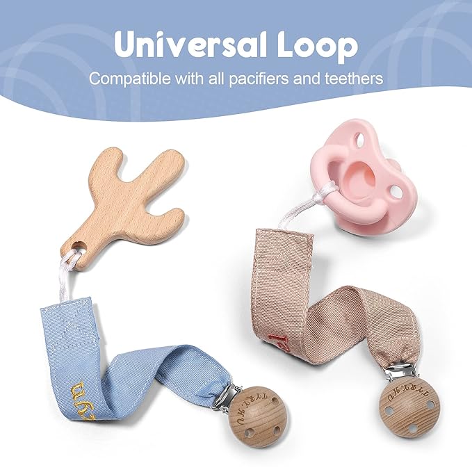 TYRY.HU Personalized Pacifier Clip with Name, Embroidery Ribbon Pacifier Holder for Baby Girls and Boys, Neutral Pacifier Leash Universally Fit All Pacifiers & Baby Toys, 2 Pack Baby Gift(Khaki, Blue)