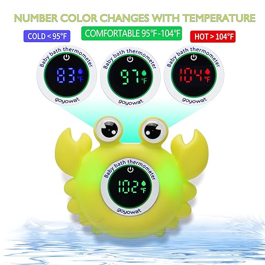 Baby Bath Thermometer with LED Display, Floating Crab Toy – 2-in-1 Water Safety Sensor for Infants, Color-Coded Alerts (Hot/Cold), Bath Tub Temperature Monitor, Cute Floating Bath Toy, Nursery