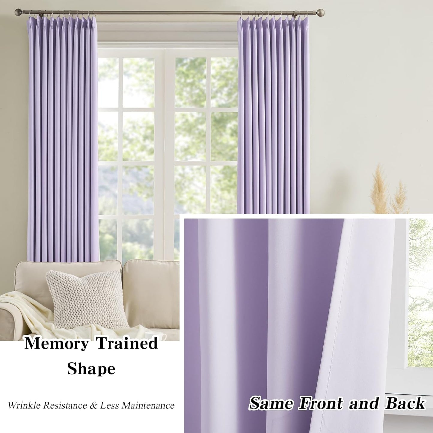 KEQIAOSUOCAI Pinch Pleated Lavender Blackout Curtains 72 Inches Long, Sound & Light Reducing Room Darkening Drape for Girl's Bedroom(Lavender, 2 Panels, W40 x L72)