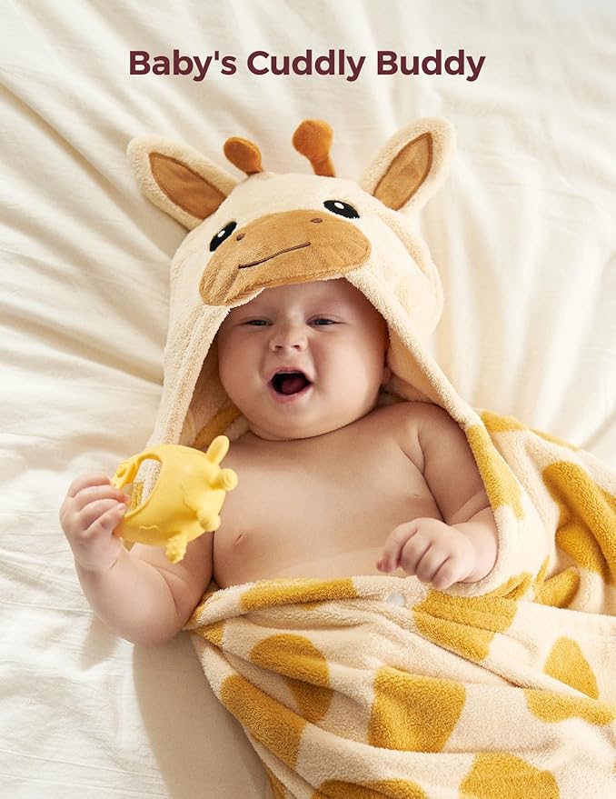 Momcozy Baby Bath Towels with Visualize Health Label - Ultra Soft & Absorbent Coral Fleece Hooded Towels for Newborn, Infant, Toddler (0-36 Months) Bath Essentials (Large Size,2 Pack)