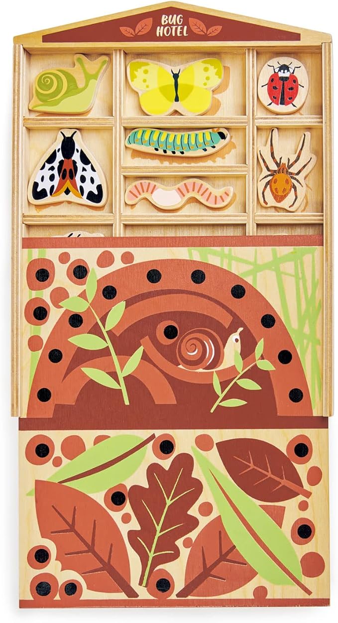 Tender Leaf Toys - The Bug Hotel - 13 Wood Garden Bugs with Shelving Unit and Front Panel - Made for Little Hands - Open-Ended Nature Play - Science Learning Toy for Boys and Girls - Age 3+