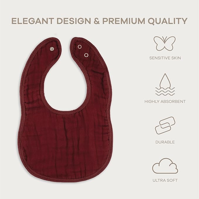 Comfy Cubs Muslin Bibs for Babies, Pack of 4 - Soft and Highly Absorbent, Feeding, Drool and Teething Bib, Adjustable Snaps - Stylish & Colorful Unisex Designs, Giftable Set - Wine