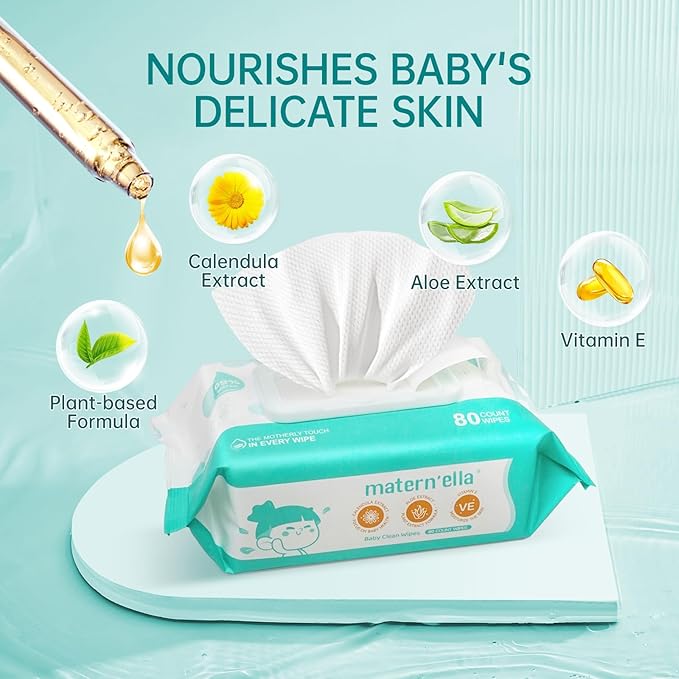 MATERN'ELLA Baby Wipes, Diaper Wipes for Sensitive Skin, Wet Wipes with 99% Water Based, Hypoallergenic, Safe and Gentle, 8 Flip-Top Packs (640 Wipes Total)