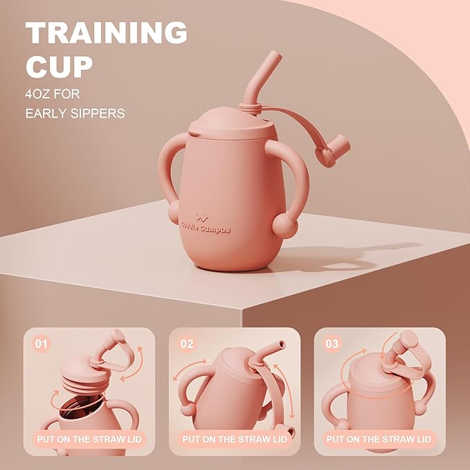 Cuddle Campus Pack of 2 Silicone Baby Training Cup, Shatterproof Toddler Sippy Cups with Straw, Open Cup for Baby, 6+ Months 5 Oz