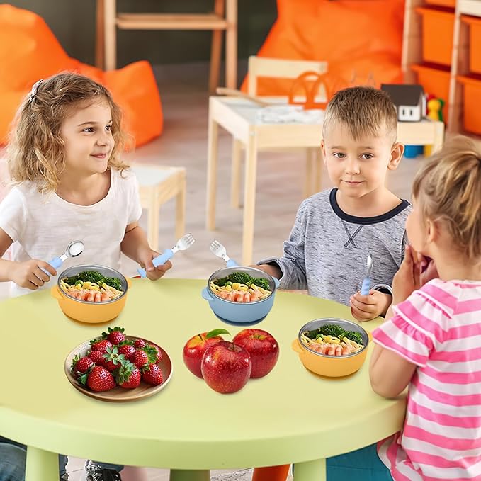 2 Pack Stainless Steel Baby Bowls with Removable Non-Slip Silicone Suction Shell, Anti Scald Food Container for Baby Food Feeding-Blue & Yellow