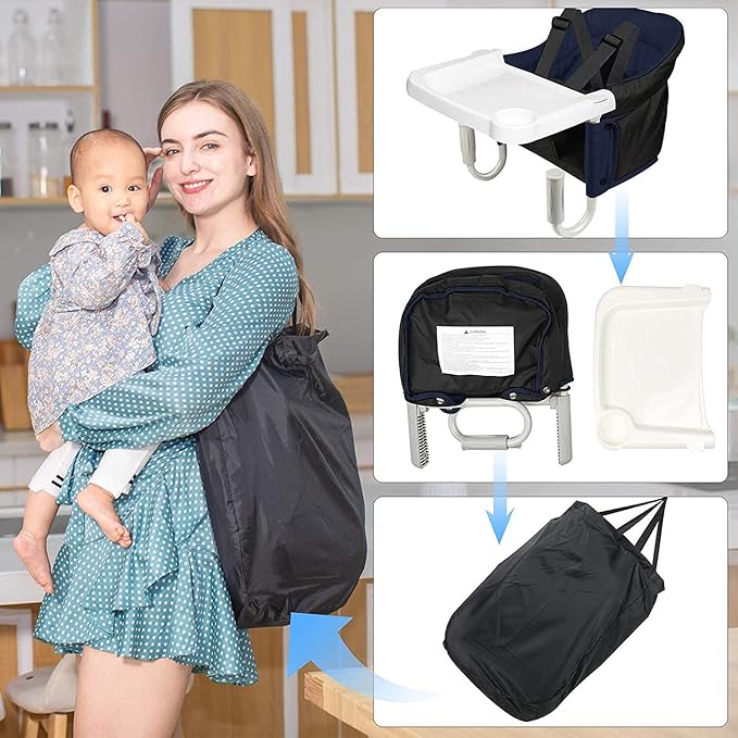 Hook On High Chair, Fast Table Clip-on High Chair, Fold-Flat Storage, Portable Baby Feeding Seat with Dining Tray for Travel Outside