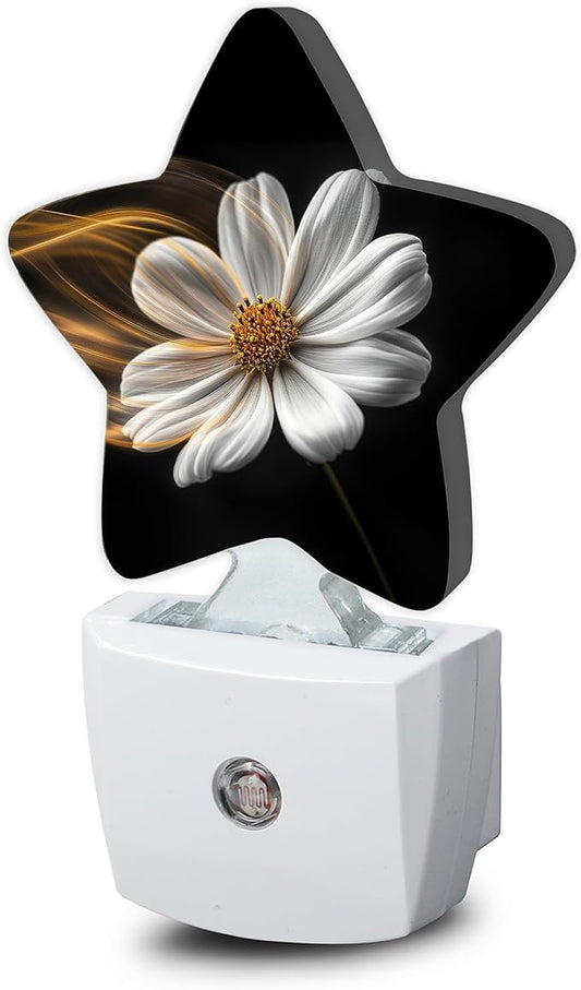 White Daisy Flower Dusk to Dawn Star Night Light,Abstract Floral Smart Sensor Nightlight for Bedroom Kitchen Hallway Stairs,Plug-in Energy Efficient Decor Desk Lamp Women Men Gifts