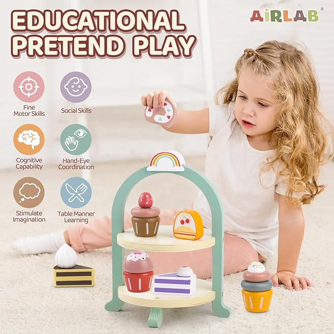 Wooden Cake Toys Tea Party Set, Desserts Food Toy with Cupcake Stand, Kids Pretend Play Kitchen Accessories, Wooden Play Food Set Toy Baking Gift for 3 4 5 Years Old Girls Boys