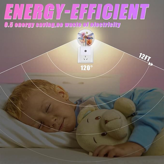 Dragonfly Night Light Watercolor Floral Night Lights LED Lamp Round Plug into Wall Nightlight with Dusk to Dawn Sensor Home Hallway Stairway Kitchen Decor