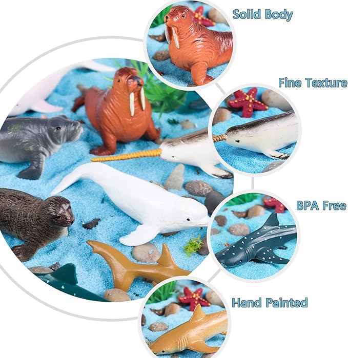 24PCS Mini Ocean Animal Figurines - Realistic Sea Creatures Toy Figures with Sharks, Whales & Walrus - Under The Sea Life Figure for Party Decoration, Easter Egg Filler & School Project