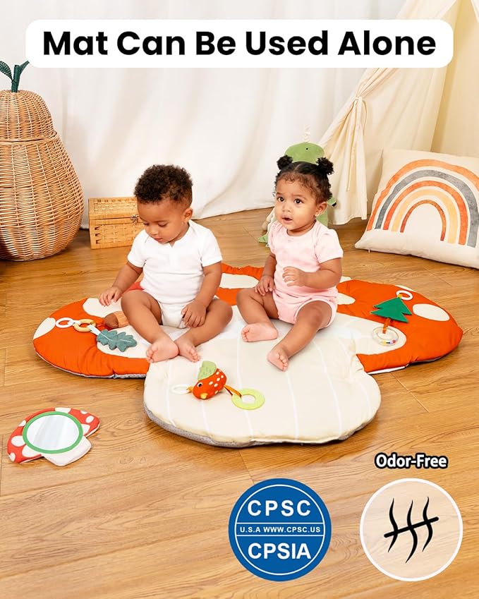 Baby Play Gym, 7-in-1 Thickened and Larger Activity Mat, Washable Baby Play Mat with Non Slip Bottom, Tummy Time Mat with 5 Detachable Toys for Motor Skills, Easy to Store - Mushroom