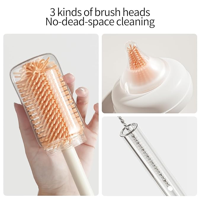 7in1 Travel Bottle Cleaner kit,Baby Essentials, with Bottle Brush、Nipple Brush、Straw Cleaner Brush、Soap Dispenser、Bottle Drying Rack、Drainage Tray、Storage Box,Baby Travel Essential (White)