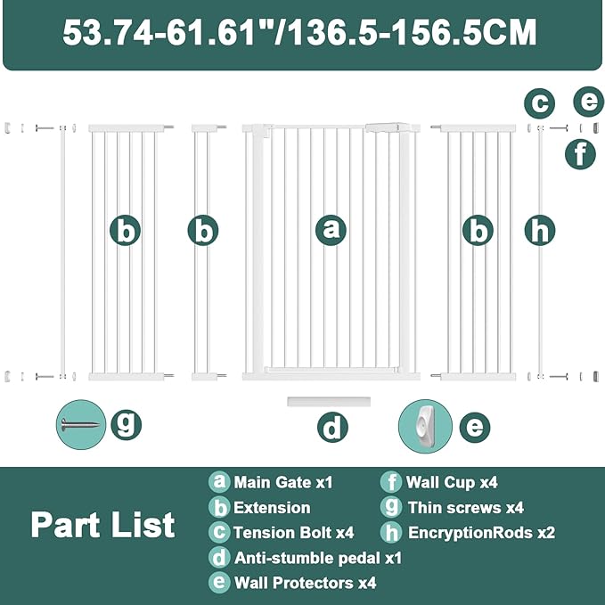 40.55" Tall 1.37" Ultra Narrow Spacing Dogs Pets Baby Gate for Doorway Hallway Safety Proof Indoor 53.74-61.61" Extra Wide Puppy Pressure Mounted No Drill Walk Through White Metal