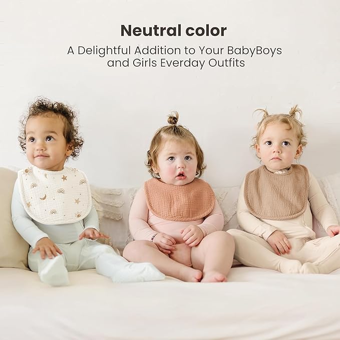 Konssy 10-Pack Muslin Baby Bibs, Soft Cotton Bandana Bibs for Drooling & Teething, Unisex Solid Colors for Boys & Girls, Newborn & Infant