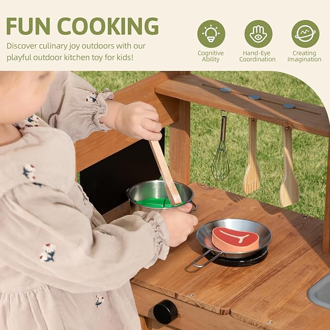 OOOK Mud Kitchen for Kids Outdoor, Kids Kitchen Playset with Canopy, Gardening Tools, Chalkboard, Flower Pot, Cookingware, Removable Water Tank, Ideal Gift for Boys and Girls 3+, Solid Fir Wood.