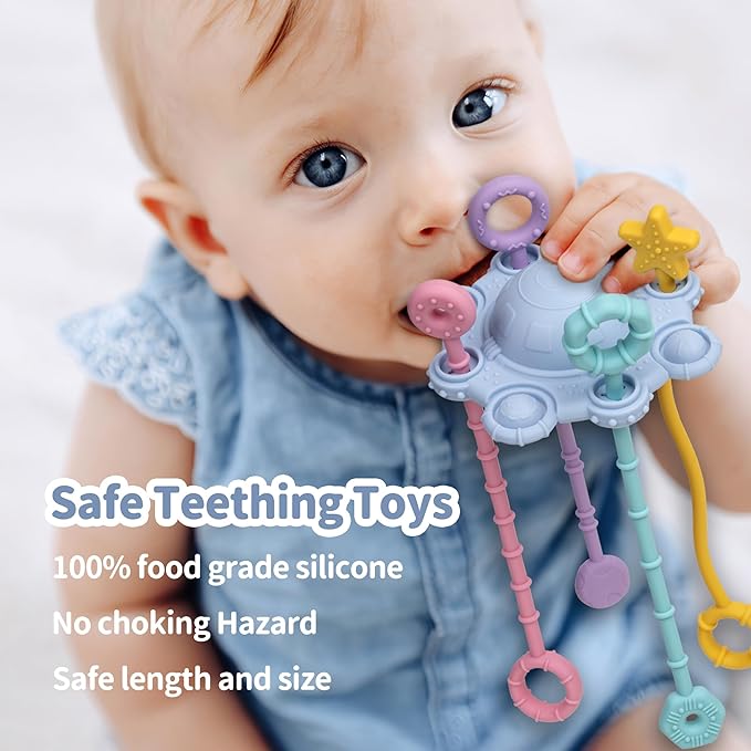 Montesorri-Toys - Pull String Toys for Baby - Made of 100% Food Grade Silicone with Built-in Rattle Function and Easy to Clean Design (Blue)