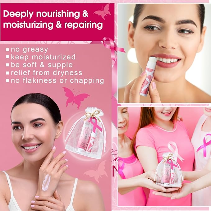 24sets/96pcs Breast Cancer Awareness Gifts Bulk Breast Cancer Lip Balm and Hand Cream Gift for Women Pink Ribbon Travel Size Hand Lotion and Lip Balm Bulk with Organza Bags Tags