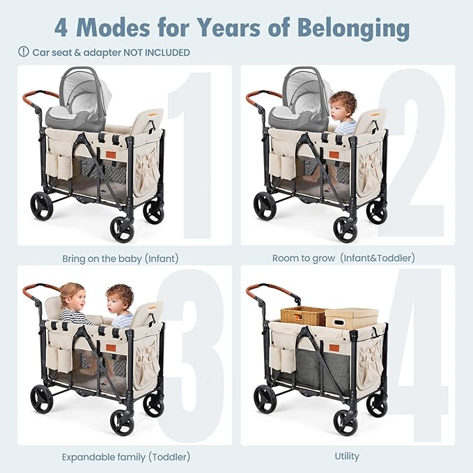 Wagon Stroller for 2 Kids, High Seat & 5 Point Harness, Foldable All-Terrain Wagon for Toddler with Canopy, Parent Organizer, Shoulder Bag, Adjustable Handlebar, Ultimate Double (Beige)