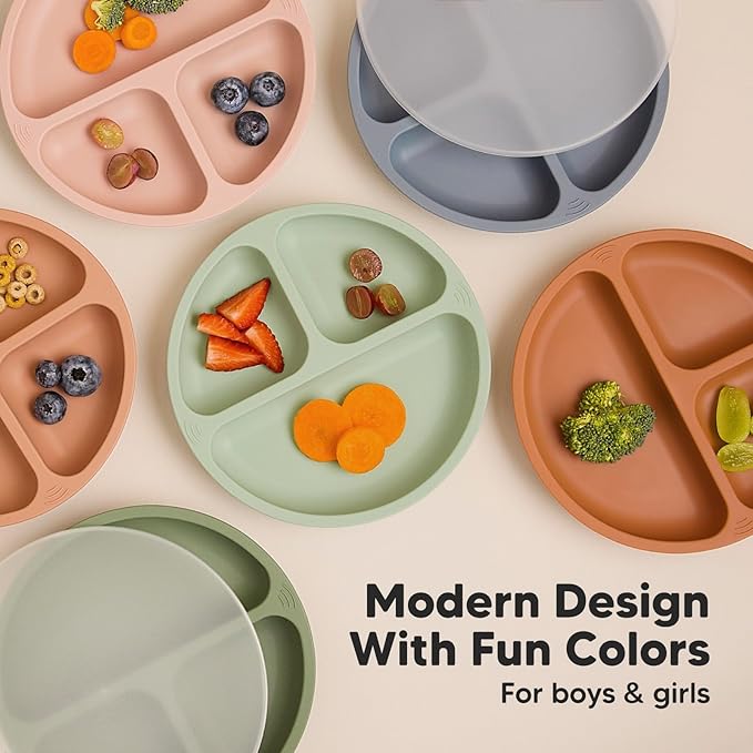 KeaBabies Suction Plates with Lids for Baby - 3-Pack 100% Silicone Toddler Plates with Suction, Divided, BPA-Free Baby Led Weaning Essentials for Kids, Dishwasher, Microwave Safe, Durable (Slate)