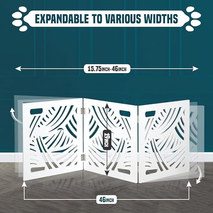 Bundaloo Freestanding Dog Gate Expandable Decorative Wooden Fence for Small to Medium Pet Dogs, Barrier for Stairs, Doorways, & Hallways (Swirl)