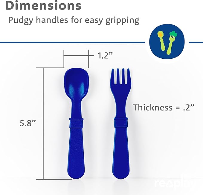 Re-Play Toddler Forks and Spoons Set - 4x4 Utensils Set for Kids - Dishwasher and Microwave Safe - Made in USA - Pack of 8-5.8" x 1.2" x 0.2" - Modern Blue
