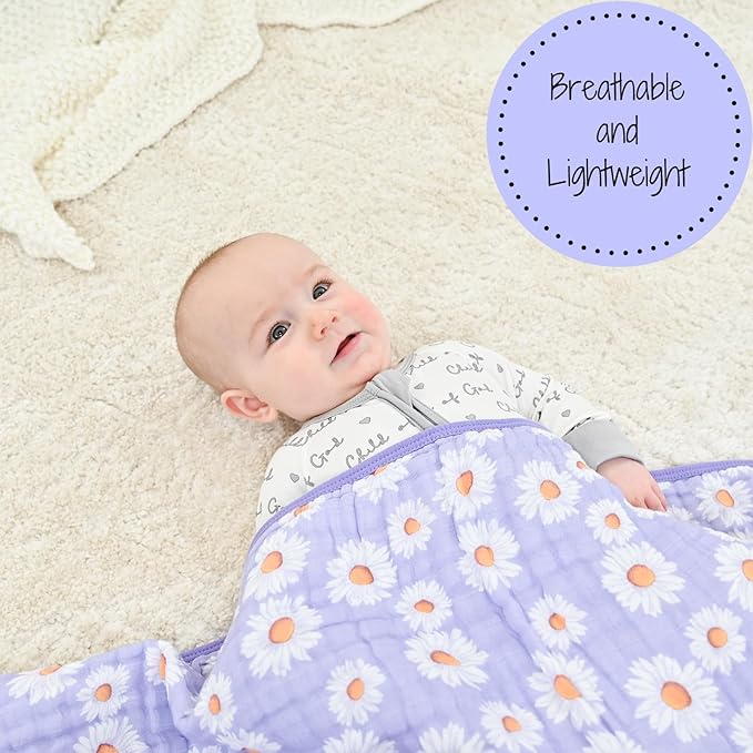 LollyBanks Muslin Baby Blanket 100% Organic Cotton, Muslin Quilt Lightweight, Muslin Blanket for Girls, 6 Layers Baby Blankets 47"x 47", Soft Nursery Receiving Blankets (Daisy Print)