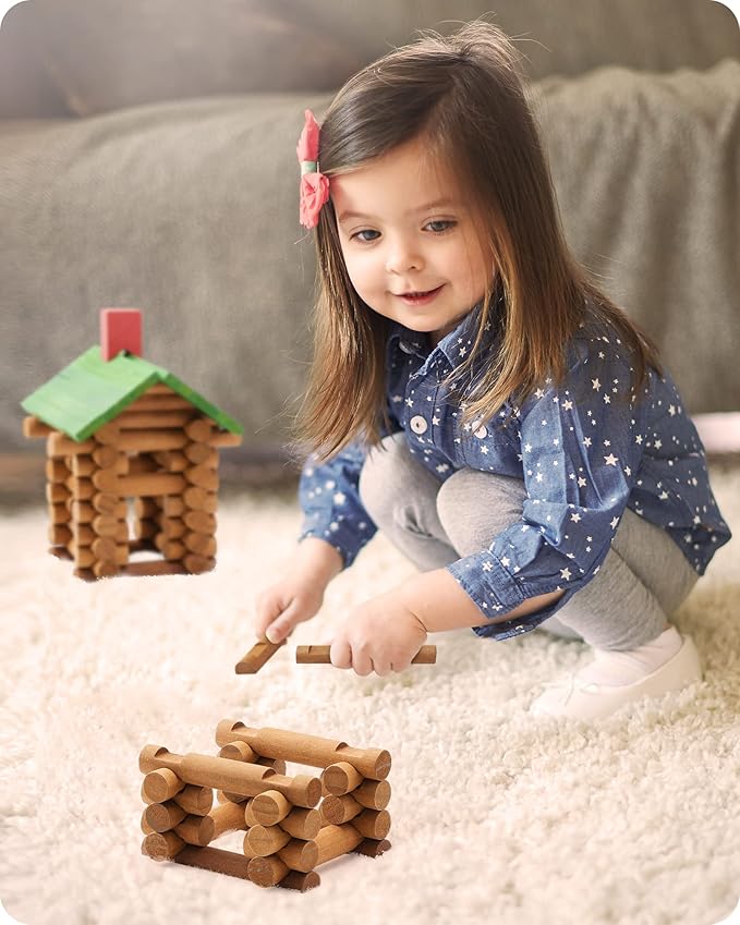 SainSmart Jr. 300 PCS Wooden Log Cabin Set Building House Toy for Toddlers, Classical STEM Construction Kit Compatible with Lincoln Logs for 3+ Kids