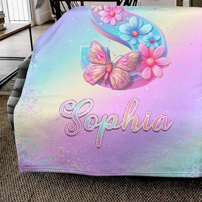 Ship Next Day, Personalized Baby Name Blanket for Girls Boys, Custom Toddler Blankets with Name & Capital Letter Gradient Pattern, Customized Throw Blanket Gifts for Kids Teens on Birthday Christmas