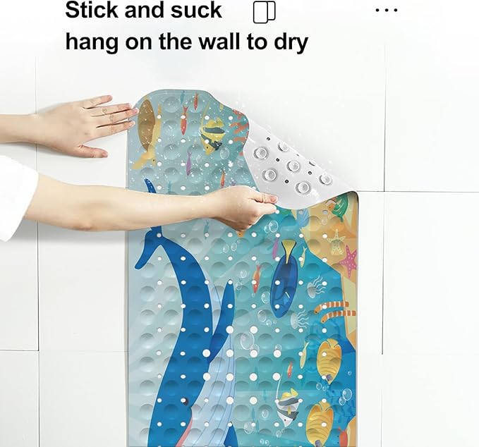 LNOND Bath Mat for Tub for Kids, Whales and Fish Bathtub Mat, Kids Bath Mats for Bathroom Non Slip with Drain Holes and Suction Cups,Machine Washable (40 X 16 Inch)