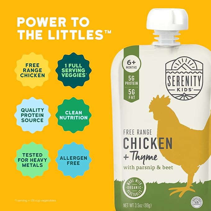 Serenity Kids 6+ Months Baby Food Pouches Chicken & Thyme Puree - BPA-Free Baby Food Puree -Range Chicken & Organic Parsnip & Beet Veggies - 3.5 Oz, 6 Pack