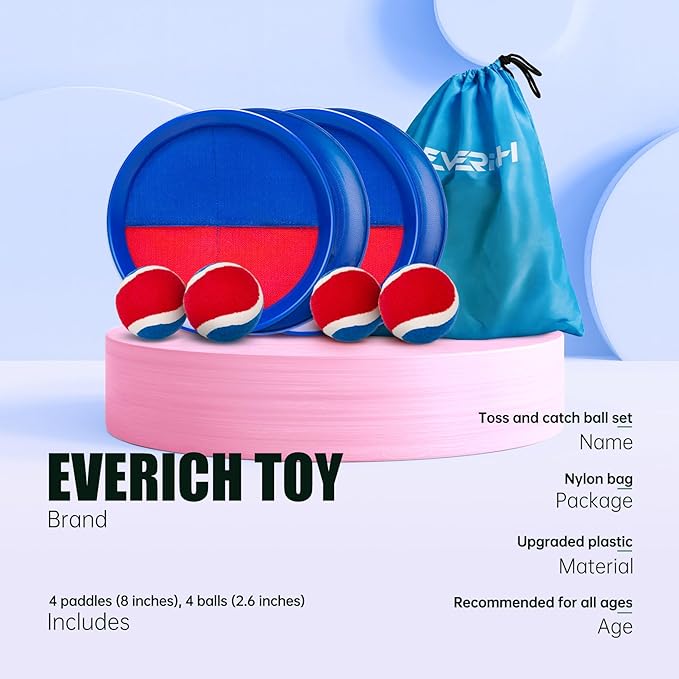 EVERICH Upgraded Toss and Catch Ball Game Set, Outdoor Games for Kids Outdoor Toys Yard Games, Beach Pool Toys for Adults Family 4 Paddles 4 Balls, Great Gifts for Boys Girls 3 4 5 6 7 8-12 Years Old