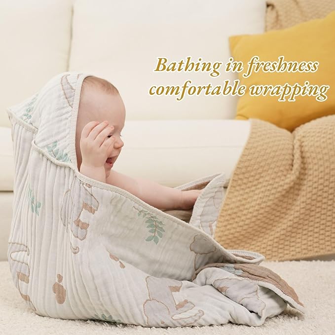 Ultra-Soft Muslin Baby Hooded Towel - 32 x 32 Inches, Ideal for Bath & Beach, Suitable for Both Boys & Girls from Newborns to Toddlers