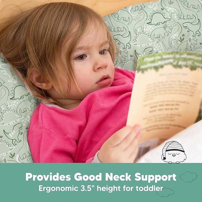 Toddler Pillow with Pillowcase - 13x18 My Little Dreamy Kids Travel Bed Pillows for Sleeping, Organic Cotton Small Pillowcase, Soft & Breathable, Machine Washable, Toddlers 2-5 Years Old (DinoDood)