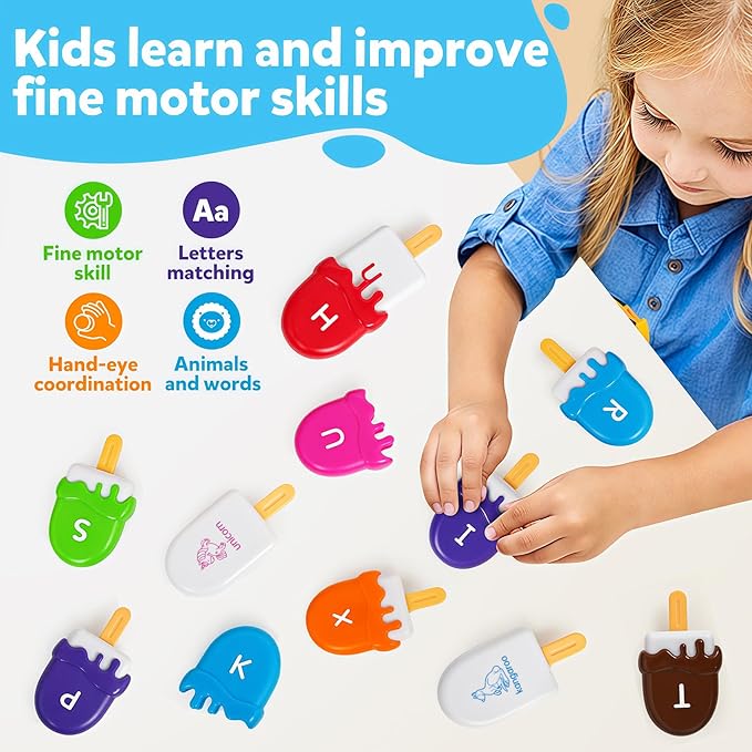 Letters Matching Ice Cream Alphabet Learning Toys,Counting Animals and Color Sorting Set Preschool Learning Activities Stacking Toys,Upper & Lowercase ABC Game Montessori Toys Gift for 3+Year Old Kids