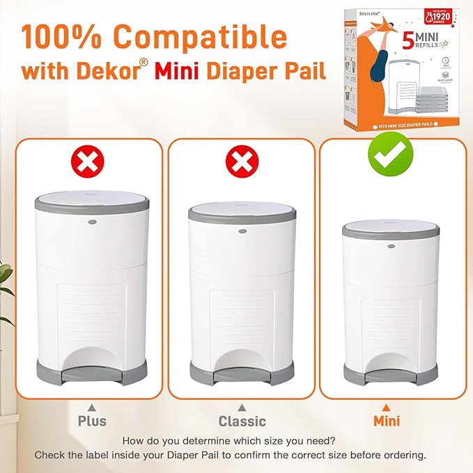 5 Pack Refills Compatible with DEKOR MINI Diaper Pails | 20% Extra Length Diaper Pail Refill Bags Liners Holds 1920 Diapers | Ultimate Odor Control with Baby Scented